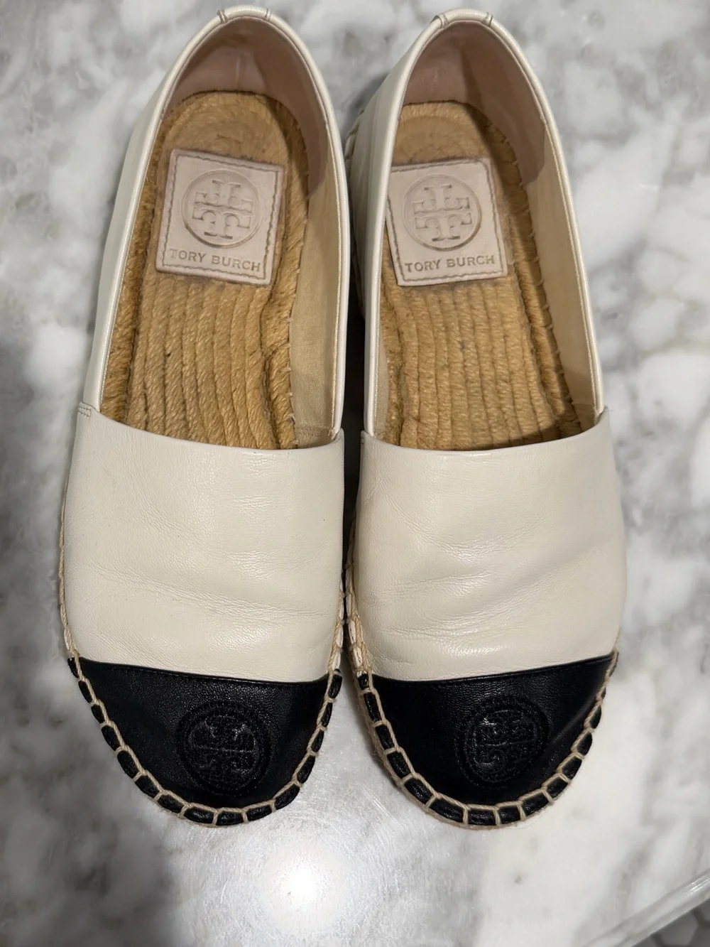 Tory Burch Two-Tone Leather Espadrille — Cream & Black